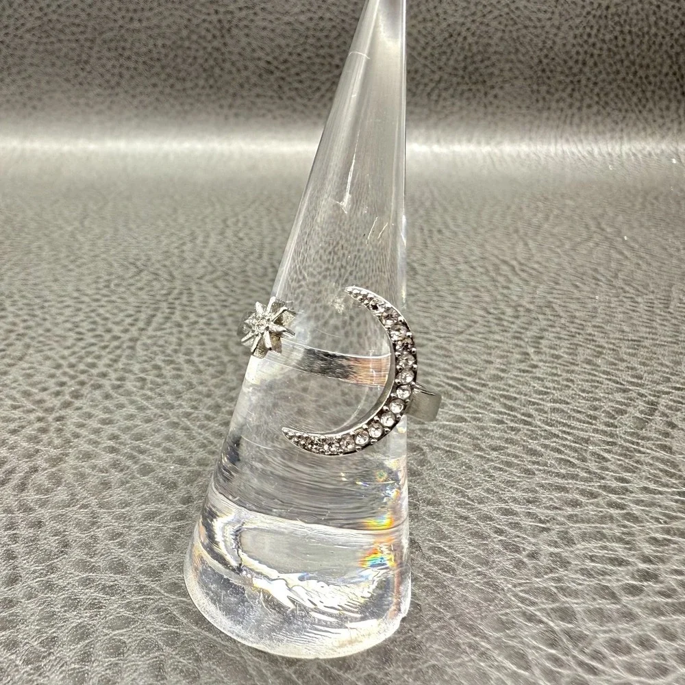 Crescent Moon Star Ring Adjustable Silver Tone Crystal Rhinestone Womens Sz 8.5